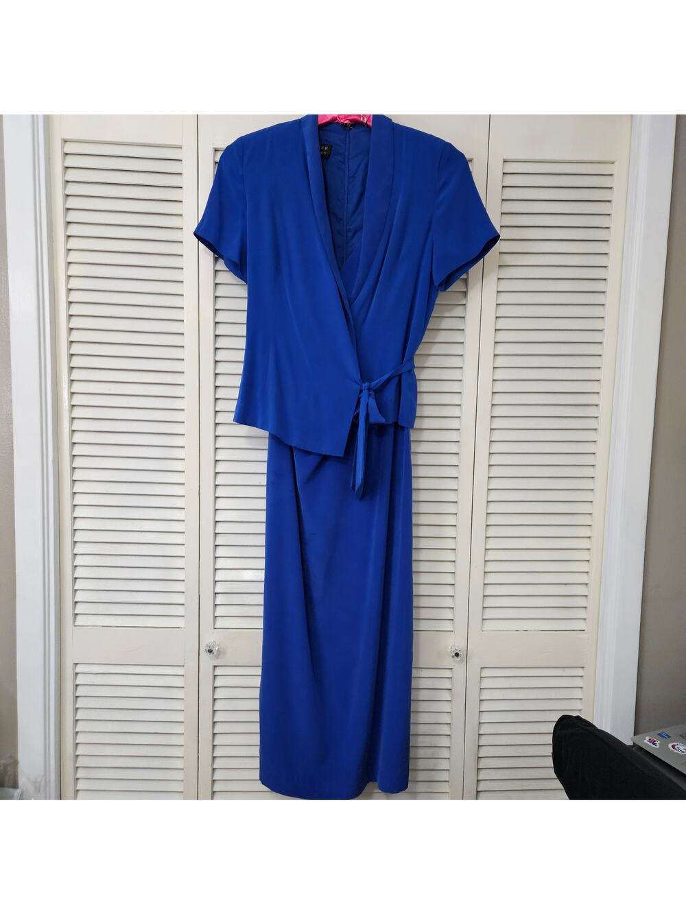 Spenser Jeremy Vintage 100% Silk Dress Size 8 Cobalt Blue Maxi Wrap 90s